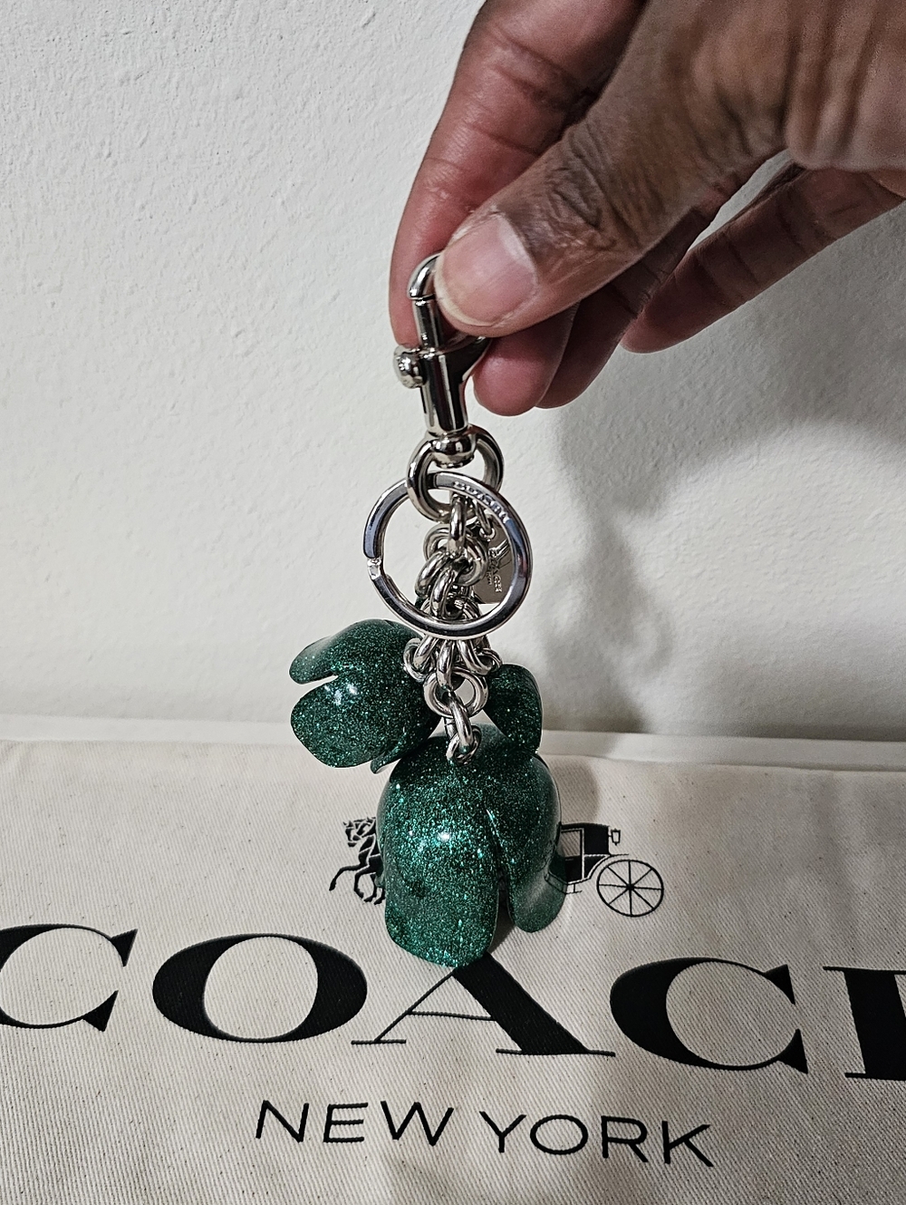 Coach Green Glitter Tea Rose Resin Charm Keychain